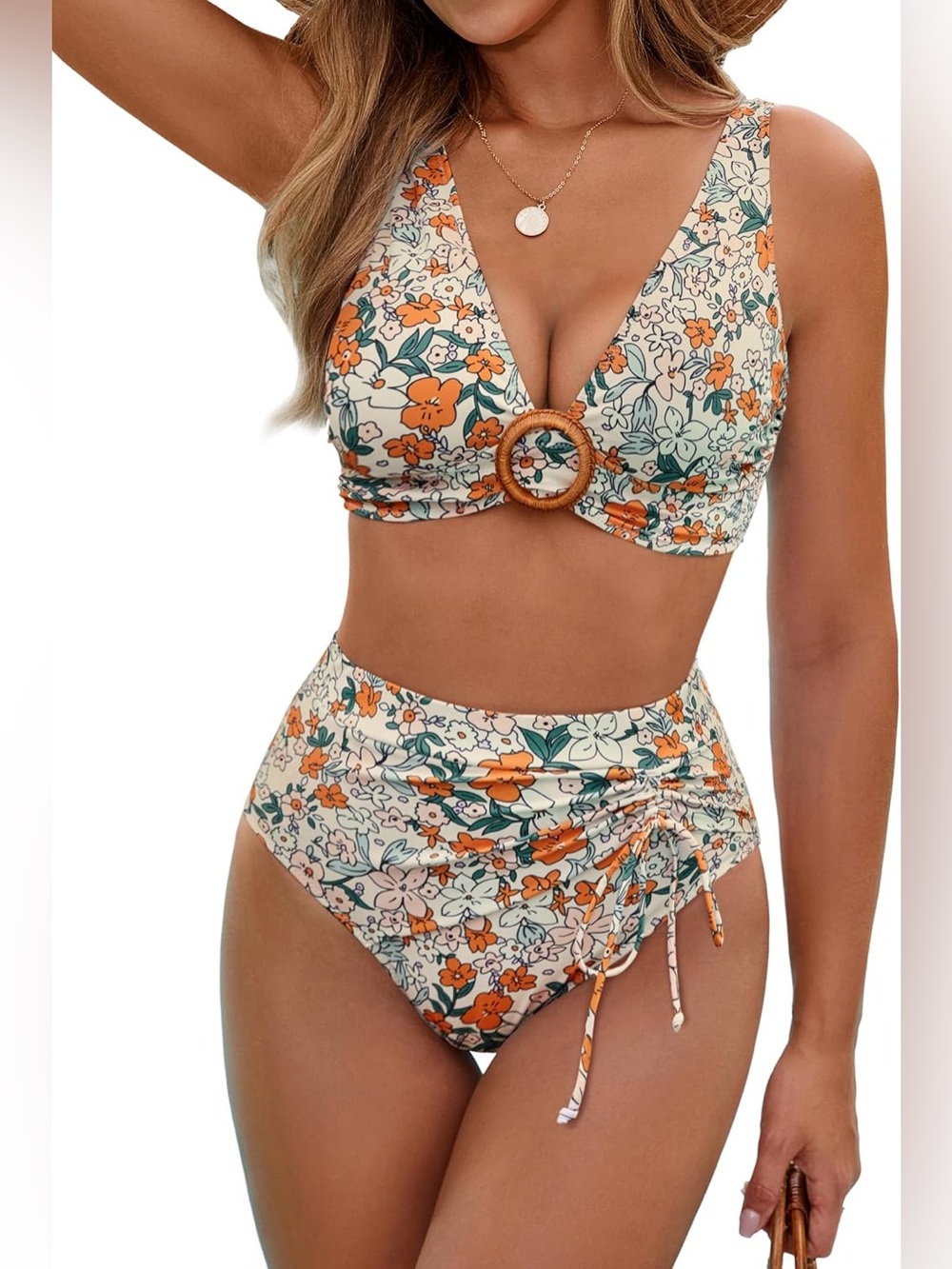 Floral High-Waist Ring-Accent Bikini Set - Cream & Orange